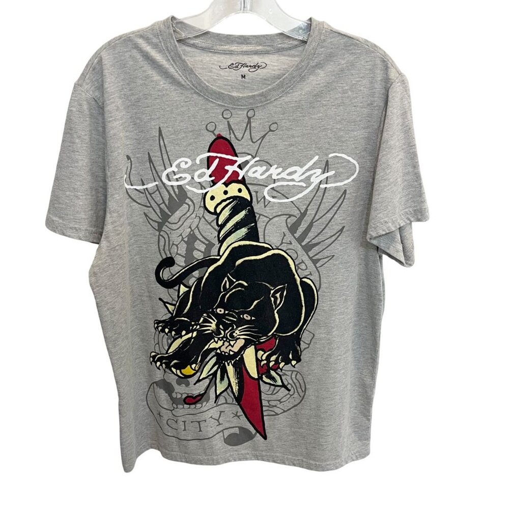 Ed Hardy Men's Panther Dagger Graphic Tee Heathered‎ Gray Y2K Size Medium